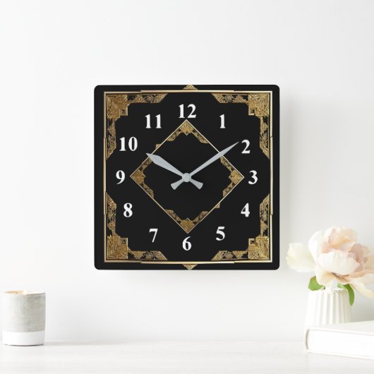 金ゴールドと黒アールデコスクエアダイヤモンドフレーム スクエア壁時計 (ホーム)