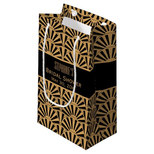 金ゴールドと黒アールデコ扇花ブライダルシャワー スモールペーパーバッグ (正面アングル)