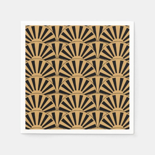 金ゴールドと黒アールデコ扇花モチーフ スタンダードカクテルナプキン (正面)