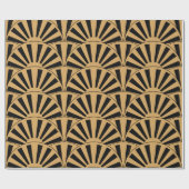 金ゴールドと黒アールデコ扇花モチーフ ラッピングペーパー (フラット)