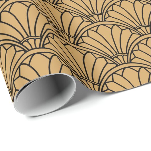 金ゴールドと黒アールデコ扇花モチーフ ラッピングペーパー (ロールコーナー)