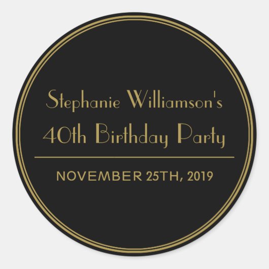 金ゴールドと黒アールデコ誕生日パーティーシール ラウンドシール (正面)