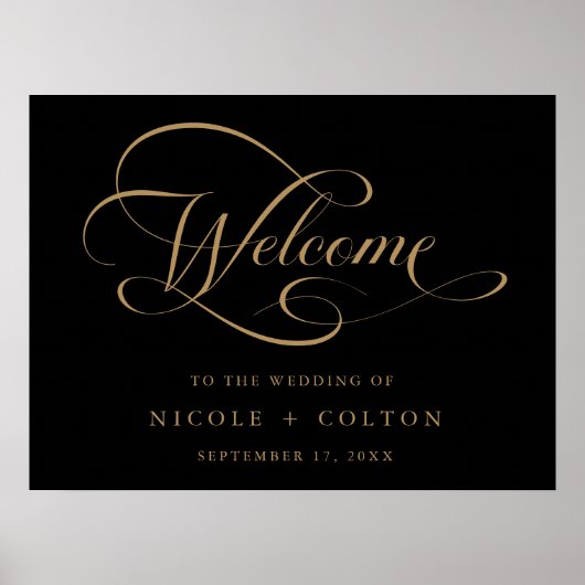 金ゴールドと黒エレガントのスクリプ結婚トのウェルカムサイン ポスター (正面)