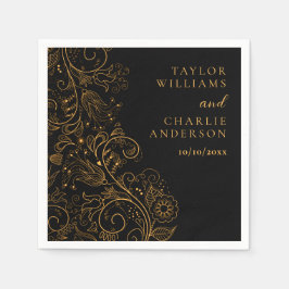 金ゴールドと黒エレガントフローラ結婚 スタンダードカクテルナプキン