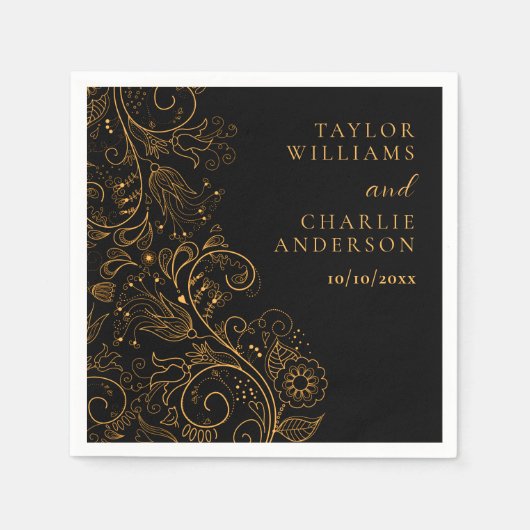 金ゴールドと黒エレガントフローラ結婚 スタンダードカクテルナプキン (正面)