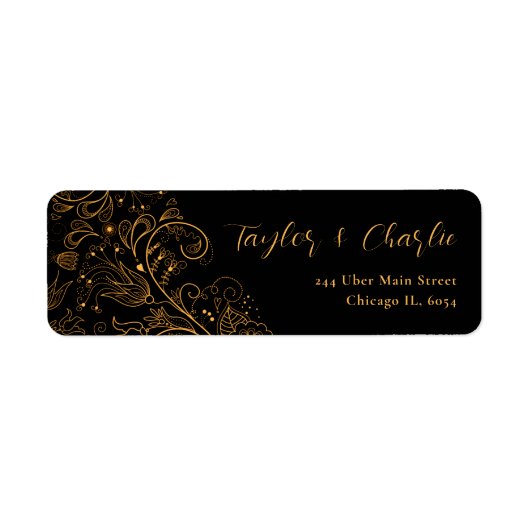 金ゴールドと黒エレガントフローラ結婚 ラベル (正面)