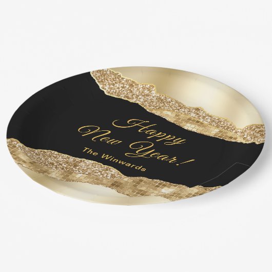 金ゴールドと黒グラムティアーハッピーニューイヤー ペーパープレート (アングル)