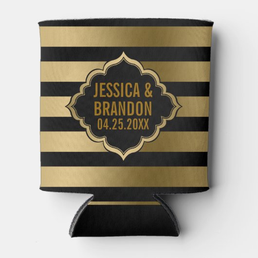 金ゴールドと黒ストライプの幾何学的パターン2 缶クーラー (正面)