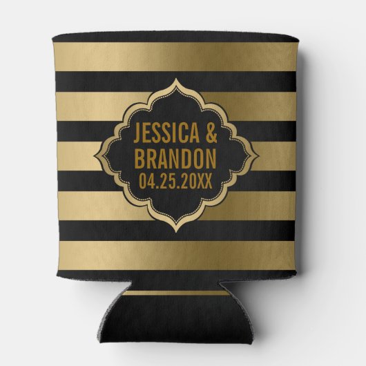 金ゴールドと黒ストライプの幾何学的パターン2 缶クーラー (裏面)