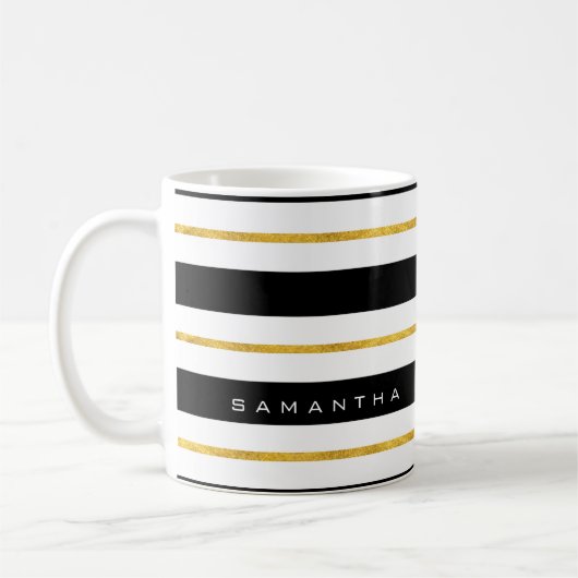 金ゴールドと黒ストライプ色 コーヒーマグカップ (左)