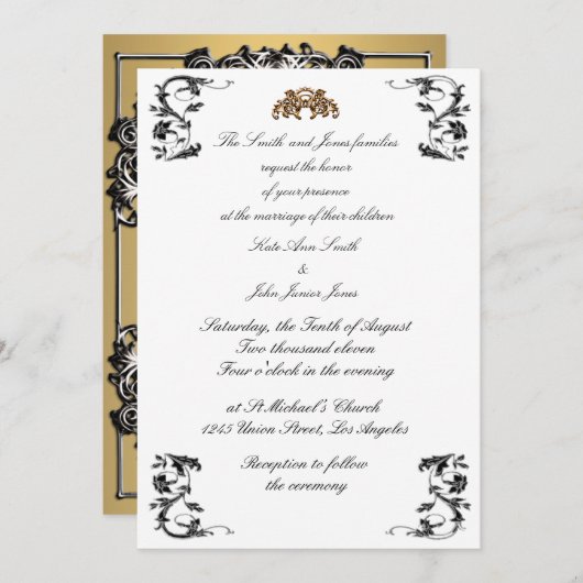 金ゴールドと黒スワールモノグラム結婚式招待状 招待状 (正面/裏面)