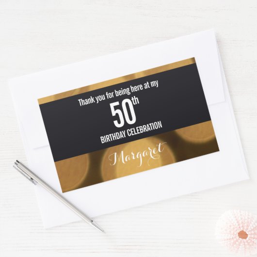 金ゴールドと黒テーマ、50歳の誕生日の長方形 長方形シール (封筒)