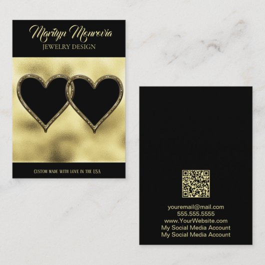 金ゴールドと黒ハートイヤリングディスプレイQRコードバス 名刺 (正面/裏面)