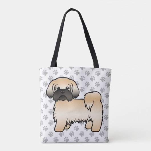 金ゴールドと黒マスクシーズー(犬)Tzu漫画の犬と手 トートバッグ (裏面)