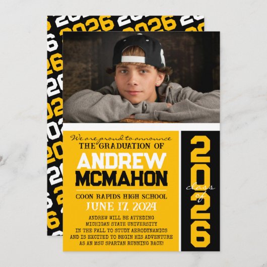 金ゴールドと黒モダンの卒業写真の発表 招待状 (正面/裏面)