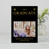 金ゴールドと黒モダン写真卒業のお知らせ 箔招待状 (立ち正面)