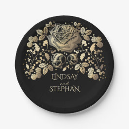 金ゴールドと黒ヴィンテージフローラ結婚の ペーパープレート