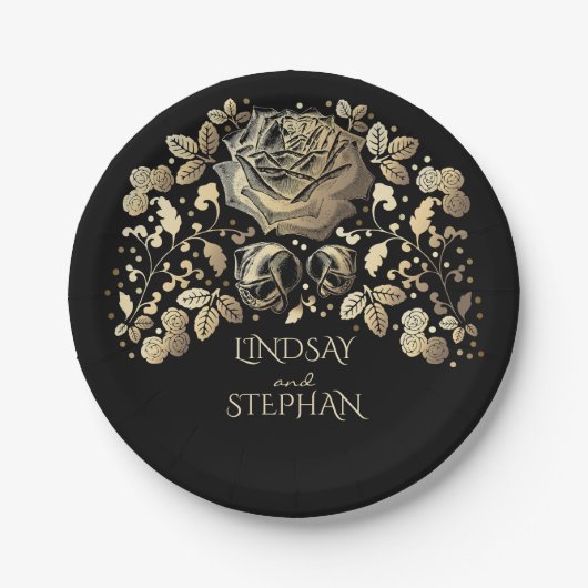 金ゴールドと黒ヴィンテージフローラ結婚の ペーパープレート (正面)