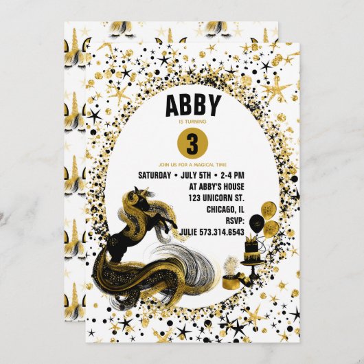 金ゴールドと黒一角獣誕生会の招待 招待状 (正面/裏面)