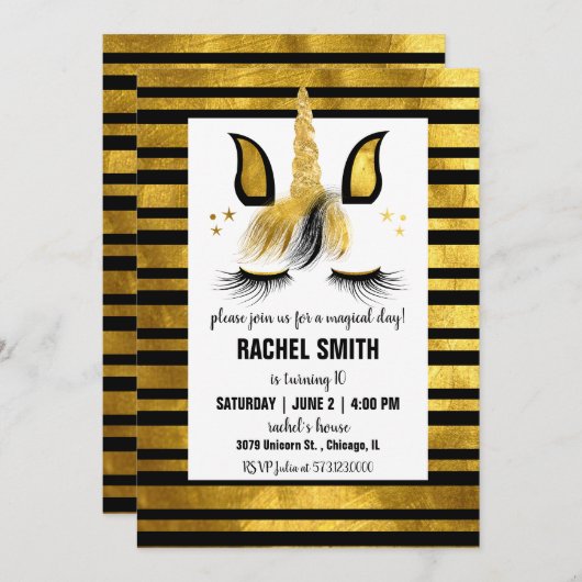 金ゴールドと黒一角獣誕生会の招待 招待状 (正面/裏面)