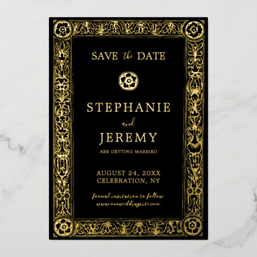 金ゴールドと黒日付エレガントの保存 箔招待状 (正面)