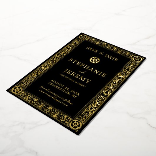 金ゴールドと黒日付エレガントの保存 箔招待状 (回転した状態)
