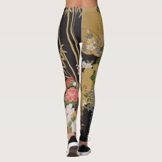 金ゴールドと黒東洋日本のの着物フローラ レギンス (裏面)