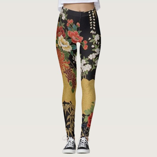 金ゴールドと黒東洋日本のの着物フローラ レギンス (正面)