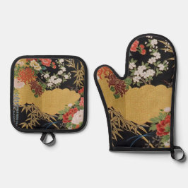 金ゴールドと黒東洋日本のの着物フローラ 鍋つかみ&鍋敷きセット
