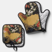 金ゴールドと黒東洋日本のの着物フローラ 鍋つかみ&鍋敷きセット (正面/裏面)