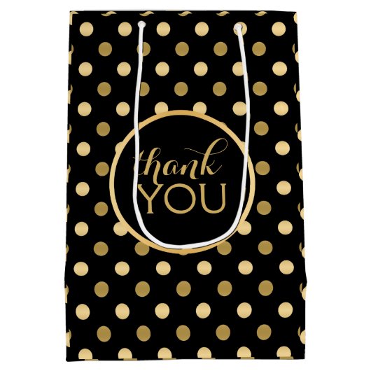 金ゴールドと黒水玉模様パターンサンキュー文字 ミディアムペーパーバッグ (裏面)