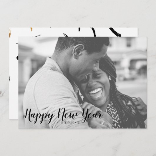 金ゴールドと黒絵を描いHappy New Yearフォトカード シーズンカード (正面/裏面)