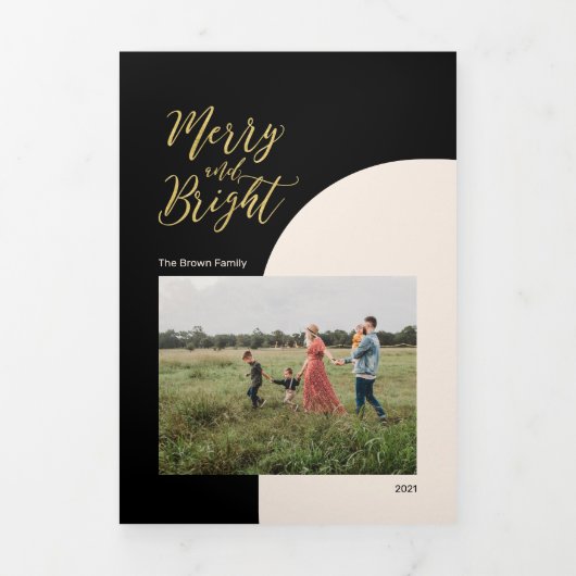 金ゴールドと黒 | &明るメリーいクリスマス写真 三つ折りクリスマスカード (カバー)
