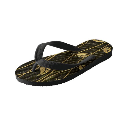 金ゴールドと黒: 3D葉テクスチャを使用。 キッズビーチサンダル (アングル)