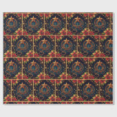 金ゴールドなげなわ星とポインセティアス・クリスマス ラッピングペーパー (フラット)