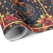 金ゴールドなげなわ星とポインセティアス・クリスマス ラッピングペーパー (ロールコーナー)