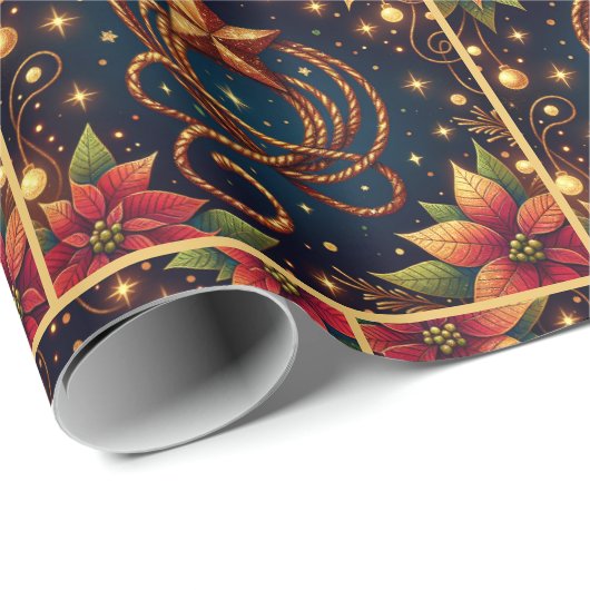 金ゴールドなげなわ星とポインセティアス・クリスマス ラッピングペーパー (ロールコーナー)