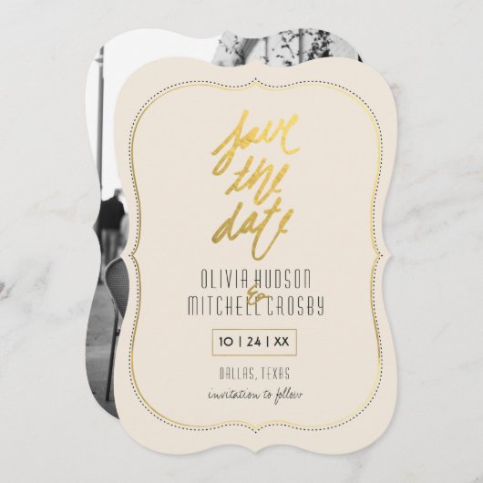 金ゴールドによってブラシをかけられるブラケットの保存日付 セーブザデート (正面/裏面)