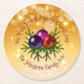 金ゴールドに一致する名前のクリスマスを追加 ラウンドペーパーコースター (正面)