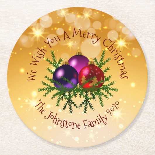 金ゴールドに一致する名前のクリスマスを追加 ラウンドペーパーコースター (正面)