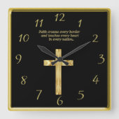 金ゴールドのおもしろいなことわざ2を用いるキリスト教の信頼の十字 スクエア壁時計 (正面)