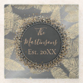 金ゴールドのお洒落羽毛の銀姓 ガラスコースター (正面)