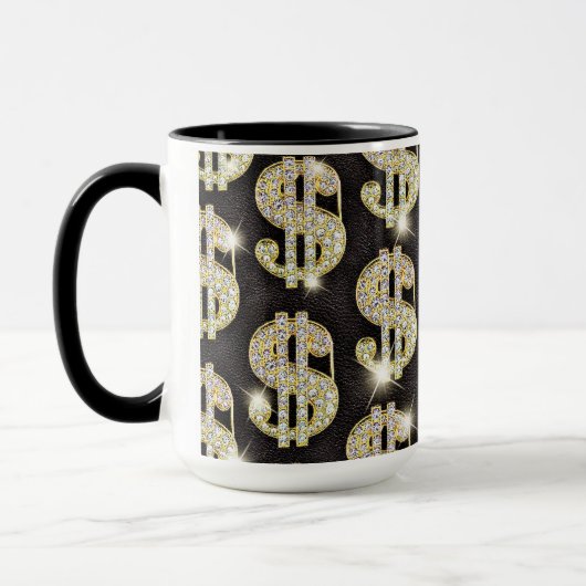 金ゴールドのきらきら光るなダイヤモンドのドル記号パターン マグカップ (左)