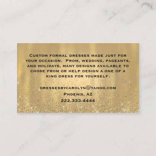 金ゴールドのきらびやかな服の裁縫婦の名刺 名刺 (裏面)