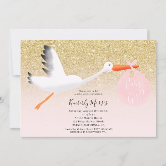 金ゴールドのこうのとりのグリッターのイラストレーションの女の赤ちゃんのシャワー 招待状 (正面)