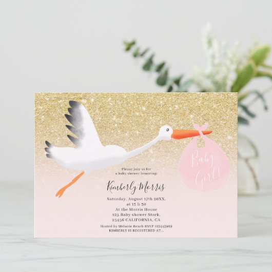 金ゴールドのこうのとりのグリッターのイラストレーションの女の赤ちゃんのシャワー 招待状 (スタンド正面)