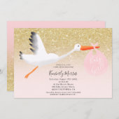 金ゴールドのこうのとりのグリッターのイラストレーションの女の赤ちゃんのシャワー 招待状 (正面/裏面)