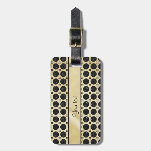 金ゴールドののど及びきらめく黒いグリッターの点 ラゲッジタグ (正面縦)
