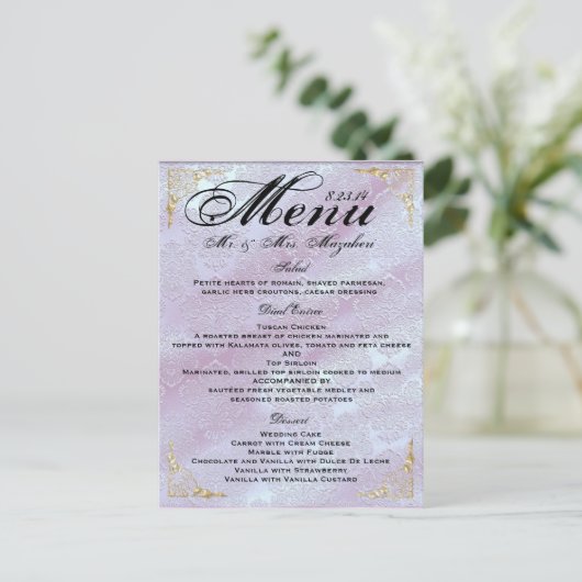 金ゴールドのばら色のラベンダーの結婚式夕食メニューは感謝していしています ポストカード (スタンド正面)