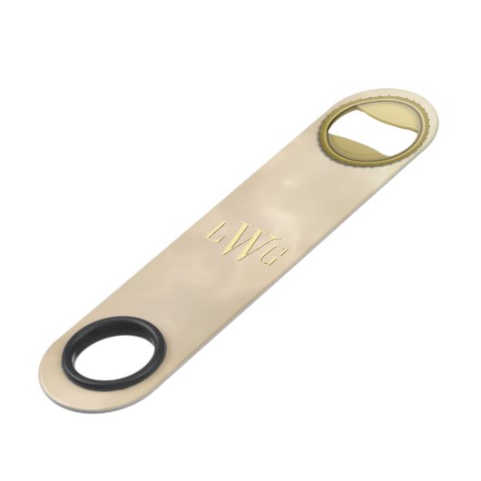 金ゴールドのばら色の大理石およびビンの王冠のモノグラム スピード栓抜き (裏面アングル)